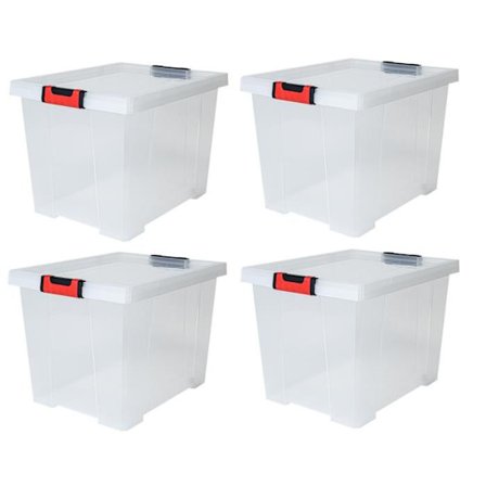 Set med 4 Förvaringslådor 45 L Clipstock med lock - Godkänd för livsmedelskontakt - Transparent