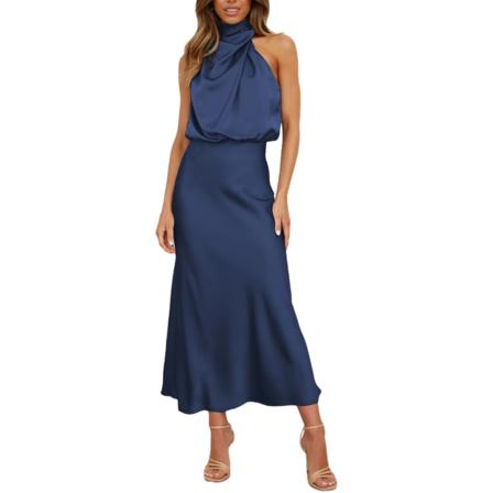 Elegant ärmlös halterneck satin sommar bröllop kvällsklänning för kvinnor (M)