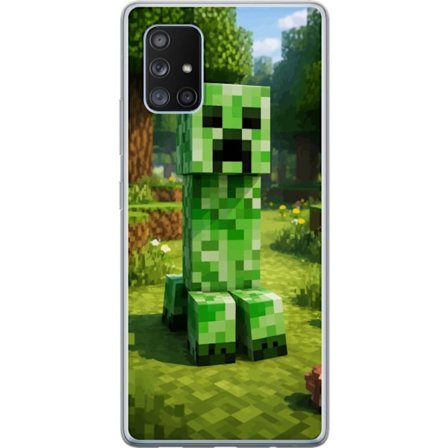 Kompatibelt Mobilskal till Samsung Samsung Galaxy A71 5G Block-baserad Creeper-figur i en grön pixell värld, ikonisk spelillustration för barnrum,