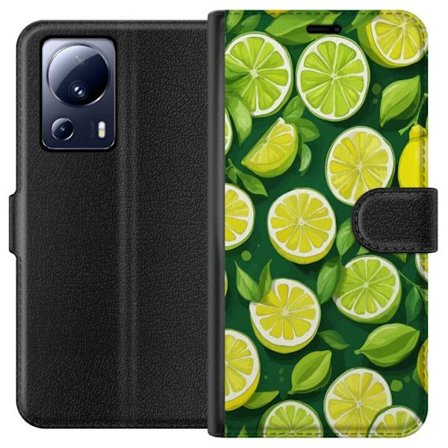 Kompatibelt Lommeboketui til Xiaomi 13 Lite Fargerikt sitrusmønster med lime og sitroner og grønne blader på en mørk grønn bakgrunn