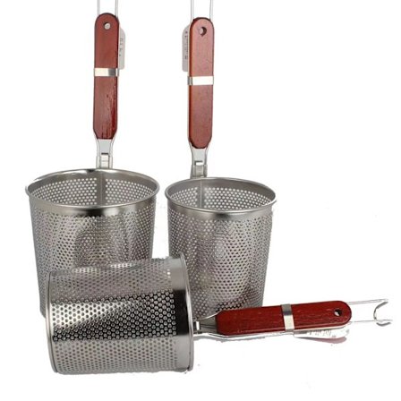 1 st Pasta Korg i Rostfritt Stål med Trähandtag - Köksnät för Pasta, Skimmer, Mat, Dumpling, Nudelsil