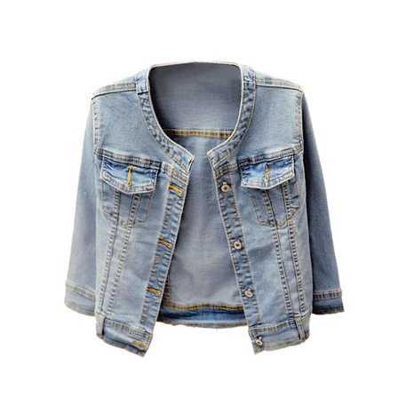 Vasket tre kvart ermet stretch kragefri kort jeans frakk, STØRRELSE L