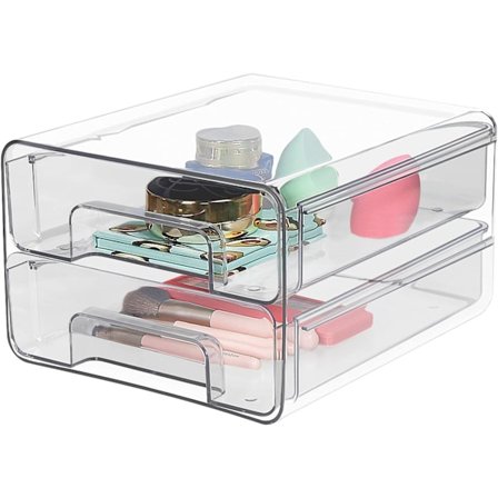 Sminkeorganisator med 2 skuffer. Skuffboks med 2 plastskuffer, flat stabelbar boks for kosmetikk, tilbehør, leker, kontorrekvisita, kontor - Klar