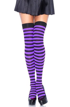 Striped Nylon Overknees Schwarz/Lila Onesize