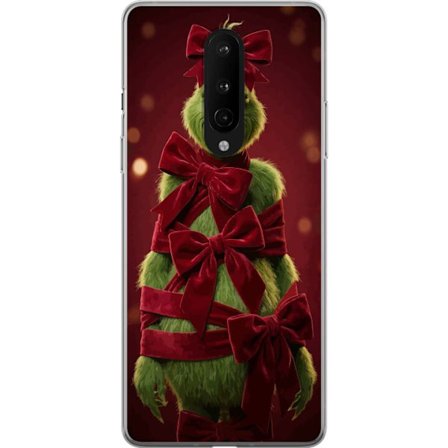 Yhteensopiva Puhelinkuori OnePlus OnePlus 8 Grinchi-hahmo koristeltu punaisilla samettinauhoilla juhlavassa studiossa, leikkisällä ja humoristisella