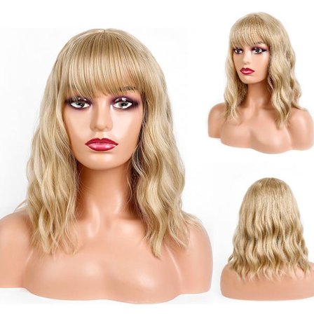 Blond Bølget Parykk med Pannelugg Skulderlang Blond Kort Krøllet Bølget Cos