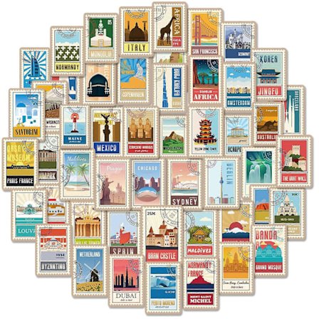 Verdens landemerke-klistremerker, sett med 50, vanntette og UV-bestandige, flotte for alle dine dingser