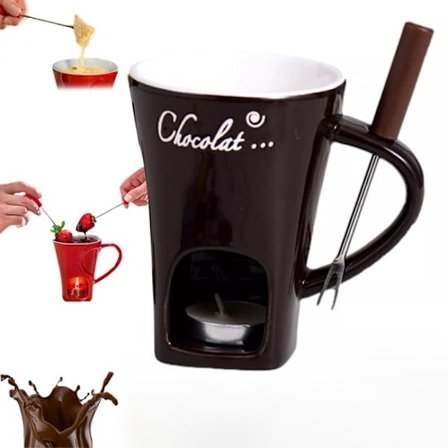 Chokolade Smelte Kop - Chokoladefondue Smelte Kop varmer med gaffel - Nostalgisk Keramisk Ostefondue Gryde - Mini Slow Stew Kop - Brun