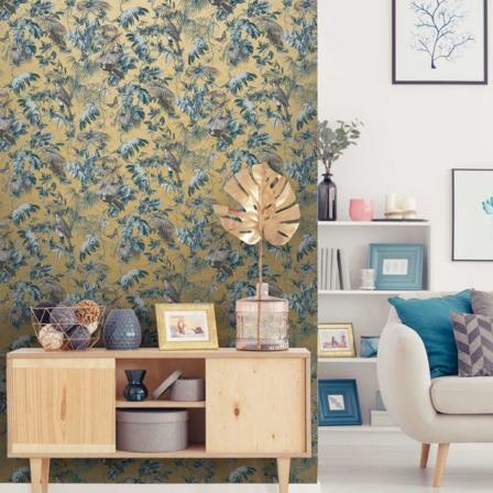 Dutch Wallcoverings Tapet Blad Och Fåglar Blå Och Guld Blå
