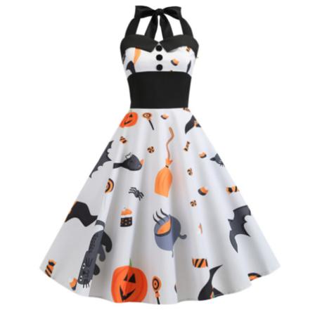 Halloween Halter Klänning För Kvinnor Pumpa Lång Klänning White L