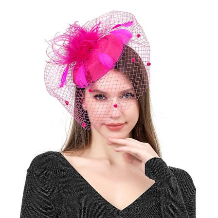 Dame Fascinator Pillbox Hat Kvinder Blomst Bowler Hat Fjer Bryllup Cocktail Hat Hårklemme Party Hat Hårtilbehør med Hår (Rosarød) Rosarød Ros...