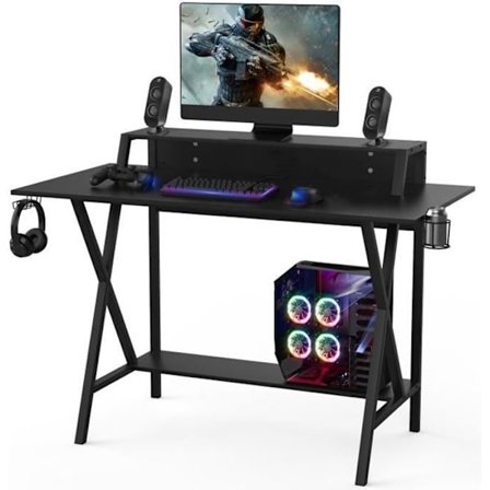 COSTWAY Gaming Skrivebord L122 x B60 x H91 CM, Double Top Gamer Bord, Høretelefonkrog, Kopholder, Nedre hylde