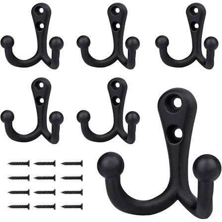Kraftige dobbeltkroge til overtøj (6-pak), sorte vægmonterede kappekroge med 12 skruer - Retro Utility kroge til frakke, håndklæde, taske