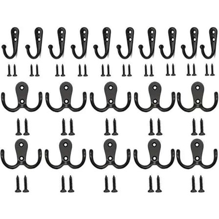 Skruekrog, vægkrog, 10 stk. enkelte kroge + 10 stk. dobbelte kroge med 40 skruer vintage sort krog vægkroge kompatible badeværelse, garderobe, Li