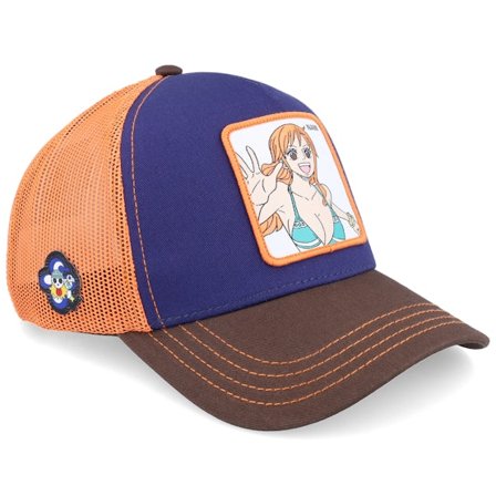 Capslab - Blå trucker Caps - One Piece Nami Blue/Orange/Brown A-Frame Trucker @ Hatstore