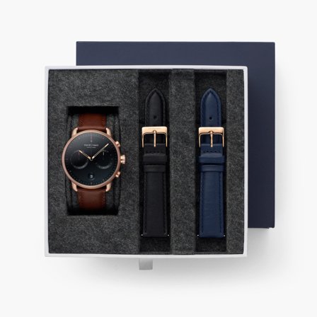 Nordgreen Minimalistist Large Wrist Watch Men's Scandinavian Wrist Watch - Black Dial - Rose Gold Case - Brown Leather / Black Leather / Navy Leather 