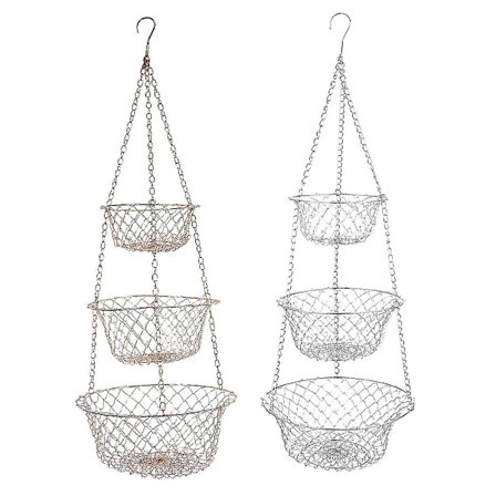 2 stk. 3-lags Frugtkurv, Grøntsags Køkken Opbevaringskurv Kæde Hængende Pladsbesparende Frugt (sølv