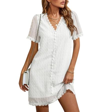 V-ringad Casual Kortärmad Swiss Dot Lace Rak Klänning White S