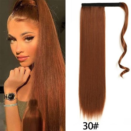 22" syntetiska hästsvansförlängningar linda runt lång rak falsk hästsvans Mjuk klämma i hårförlängningar Pony Tail falskt hår