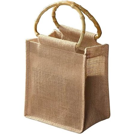 Jute-shoppingväska, strandväska med bambuhandtag, återanvändbar jute