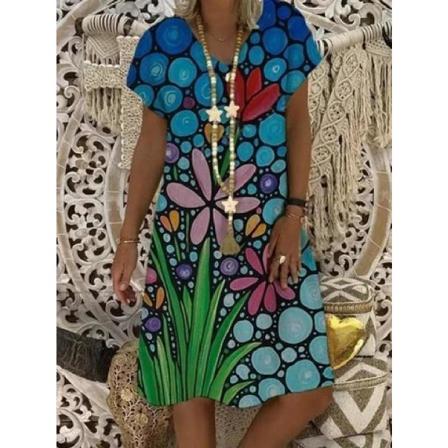 Vintage Blommig Printed Lös Miniklänning Elegant Kvinnor Sommar V-