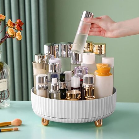 Kosmetik- og parfumeboks, 360-graders roterende lazy Susan kosmetikbord opbevarings- og displayboks med stor kapacitet rundt bakke.