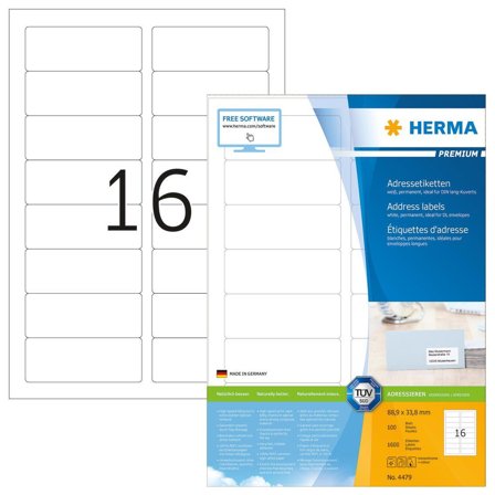 Herma Premium - Papir - matt - permanent selv-adhesiv - hvit - 88.9 x 33.8 mm 1600 etikett(er) (100 ark x 16) laminerte adresseetiketter