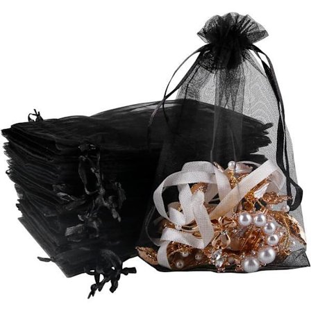 100 Medium Organza Gaveposer Sorte Smykketasker Gennemsigtige Snoreposer, Mesh Slik Gavepose (10 x 15CM, Sort)