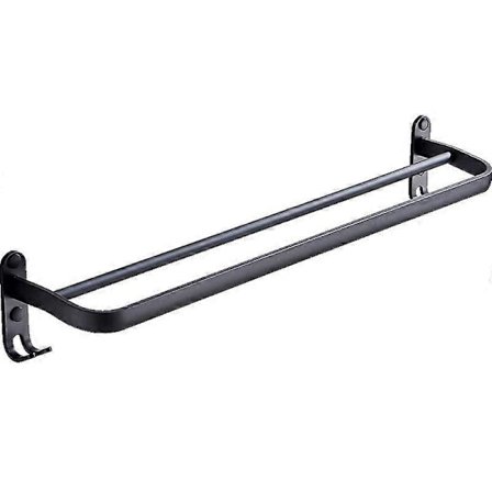60 cm Veggmontert Svart Håndklestativ Aluminium Dobbel Stang Håndkleholder med Krok for Hjem Hotell Bad S