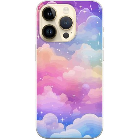 Kompatibelt Mobildeksel til Apple iPhone 15 Pro Søt enhjørning med regnbuefarget hår mot en stjernebelagt pastellbakgrunn i kawaii-stil