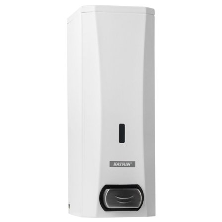 KATRIN Dispenser för löddrande tvål, 1 liter, manuell, borstat stål, vit, 275 x 100 x 124 mm - Lyreco - Städ och hygien - Tvål och hygien - 