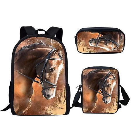 3-i-1 Skole Rygsæk Sæt Teenagere Drenge Piger Rygsæk Sød Hest