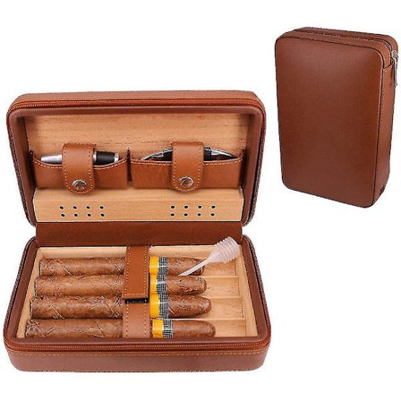 Ctmw Læder Rejse Cigar Humidor Etui, Bærbar Cedertræ Med Luftfugtighedsfugter Luftfugtighedsfugter Til 4 Cigarer