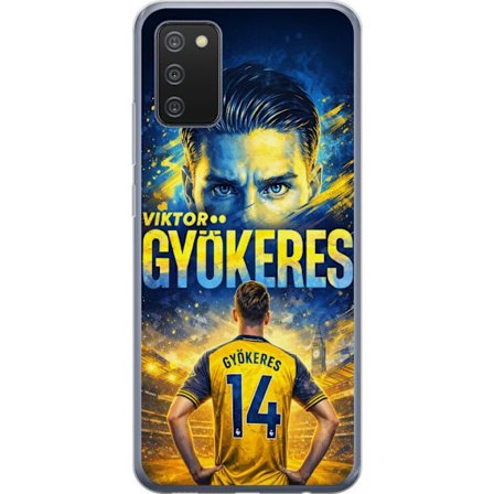 Kompatibelt Mobildeksel til Samsung Samsung Galaxy A02s Viktor Gyökeres fotballplakat i gult og blått med dramatisk stadionbakgrunn, sportillustrasj