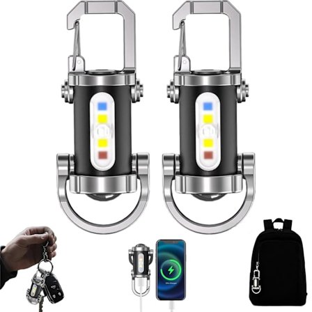 2-pack Uppladdningsbar Nyckelringsficklampa & Telefonladdare, 1200LM Stark 7 Lägen Vattentålig, för Camping Vandring Utomhusbruk