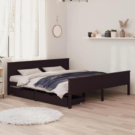 Vidaxl Sängram Med 2 Lådor Mörkbrun 200x200 Cm Massiv Furu Brun