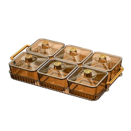 Serveringsskål för aptitretare, godis och nötter, förvaringslåda med lock, uppdelad serveringsbricka, 6 fack, brun