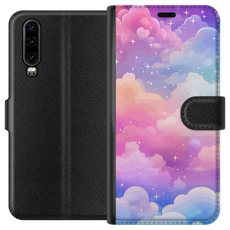 Kompatibelt Lommeboketui til Huawei P30 Søt enhjørning med regnbuefarget hår mot en stjernebelagt pastellbakgrunn i kawaii-stil