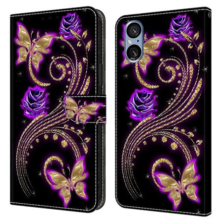 Sony Xperia 5 V Etui 3D-mønster Vegansk læder tegnebog Telefoncover med stativ - Lilla Blomster / Sommerfugle