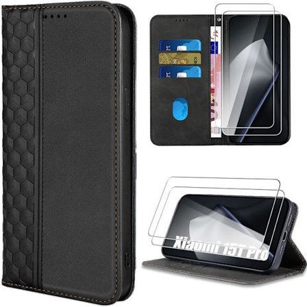 Skydd + 2 Doppade Glas för Xiaomi 15T Pro, Stöttålig Svart Lädereffekt Mosaikmönster