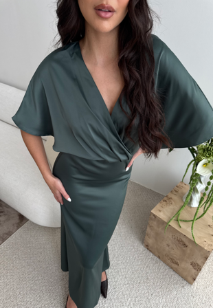Bubbleroom Occasion - Wrap Satin Ankle Dress - Green