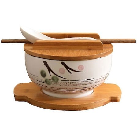 1000ml Keramisk Nuddelskål Skje Skålmatte Med Lokk Instant Nuddelskål Koreansk Suppeskål Risskål