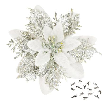 15 st silver poinsettia konstgjorda blommor med klämmor