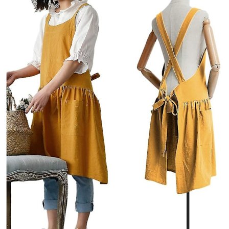 Puuvillapellavasta valmistettu ristikkäisselkäinen esiliina naisille, jossa on taskut maalaamiseen ja puutarhanhoitoon