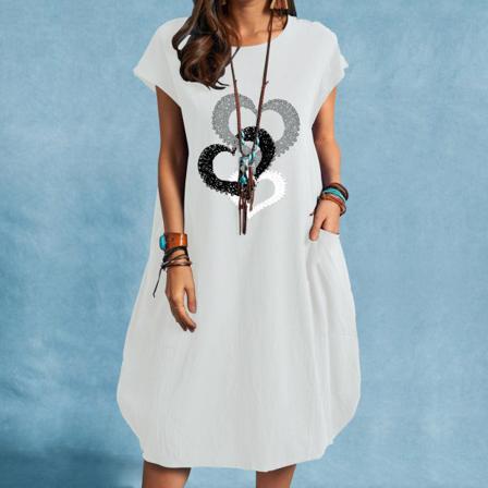 Print Kvinnor Casual Linne Klänning O-hals Kort Ärm Lös