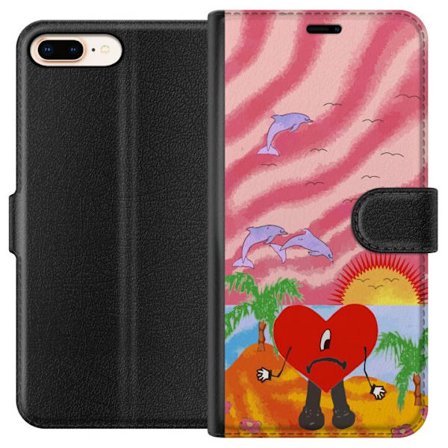 Kompatibel Tegnebogsetui til Apple iPhone 7 Plus Bad Bunny i en farverig quiltet jakke med hjertemønster og solbriller i moderne gade stil