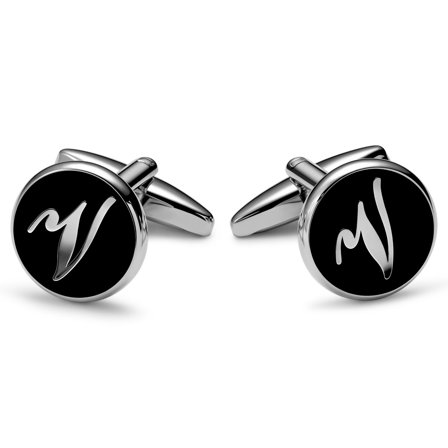 Round Silver-tone and Black Initial V Cufflinks for Men