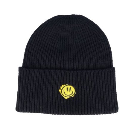 Lucid Smile - Svart cuff Beanie - Trippy Smiley Black Recycled Oversized Cuff @ Hatstore