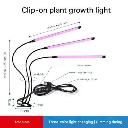 3-farvet plantelampe/plantebelysning med fleksibelt LED-rør, 1-pak, 3 rør, velegnet til plantevækst. 3 rør-yux 3 rør
