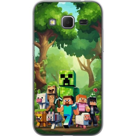 Kompatibelt Mobildeksel til Samsung Galaxy Core Prime Blokkete pikselerte spillverden med grønne figurer og dyr i frodig skogsmiljø